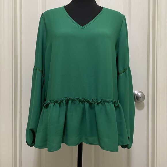 PLEIONE Blouse V-Neck Lantern Sleeve Shirt Green Womens Medium Flowy Boho Ruffle - Picture 1 of 10